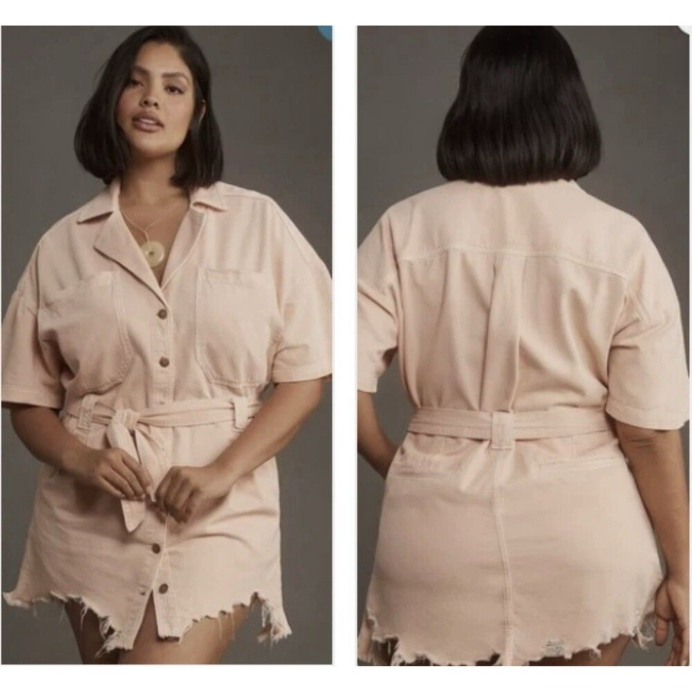 Anthropologie Pilcro Destructed Denim Mini Dress in Peach Women's Plus 1X NEW
